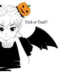  chin_rest copyright_request food_themed_hair_ornament freckles hair_ornament halloween jack-o'-lantern monochrome pumpkin pumpkin_hair_ornament solo spot_color takahashi_ren trick_or_treat white_background wings 