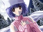  asuka_pyon blue_hair blush brown_eyes detached_sleeves game_cg hat kitazato_shigure long_sleeves moon night short_hair snow snow_(game) solo striped sweater 