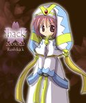  .hack//tasogare_no_udewa_densetsu 1girl 2003 artist_name brown_background closed_mouth copyright_name cowboy_shot dated expressionless flower hat kirikaze_rushika long_sleeves lowres mireille_(.hack//) pink_hair red_eyes robe shawl short_hair solo 