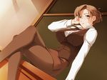  breasts brown_eyes brown_hair business_suit chalkboard character_request crossed_legs desk dutch_angle formal g_munyo game_cg glasses greensvale_no_mori_no_naka large_breasts legs long_sleeves pantyhose pencil_skirt short_hair sitting skirt skirt_suit smile solo suit teacher thighs vest 