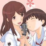  closed_eyes hoshino_yuumi imo_works kibina_high_school_uniform kimi_kiss microphone microphone_stand multiple_girls music satonaka_narumi school_uniform singing 