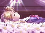  blonde_hair closed_eyes coffin death flower funeral game_cg goto_p hair_ribbon lily_(flower) long_hair omoi_no_kakera ribbon sakisaka_mai school_uniform solo stained_glass window 