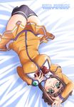  bed_sheet breasts brown_hair fujisawa_yayoi_(uchuu_no_stellvia) glasses large_breasts long_sleeves lying orange_shirt shirt solo thighhighs tonpuu uchuu_no_stellvia 