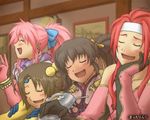  3girls anise_tatlin arche_klein blush bracelet brown_hair closed_eyes drunk happy jewelry lowres multiple_girls norma_beatty pink_hair red_hair tales_of_(series) tales_of_legendia tales_of_phantasia tales_of_symphonia tales_of_the_abyss tempyou_kango wide_ponytail zelos_wilder 