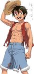  :d abs arm_at_side black_eyes black_hair buttons clenched_hand collarbone cowboy_shot fingernails hair_between_eyes hat hat_removed headwear_removed holding holding_hat looking_at_viewer looking_back male_focus monkey_d_luffy muscle navel nigou nipples one_piece open_clothes open_mouth open_vest pants red_vest removing_hat simple_background sleeveless smile solo standing stomach straw_hat tongue torn_clothes torn_pants torn_vest unbuttoned vest white_background 