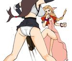  aerith_gainsborough artist_request bow breasts brown_hair cunt_punt dress final_fantasy final_fantasy_vii kicking large_breasts long_dress long_hair low-tied_long_hair multiple_girls panties pink_bow pink_dress small_breasts tifa_lockhart underwear white_panties 