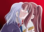  1girl artist_request biting brown_eyes brown_hair japanese_clothes open_mouth school_uniform short_hair tears toono_shiki_(2) tsukihime twintails vampire white_hair yumizuka_satsuki 