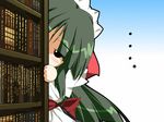  bookshelf chibi game_cg jissouji_fuyuha maid moekan motoyon peeking_out solo 