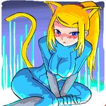  animal_ears blonde_hair blue_bodysuit blue_eyes bodysuit breast_squeeze breasts cat_ears kemonomimi_mode large_breasts lowres metroid minus8 samus_aran solo zero_suit 