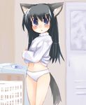  animal_ears artist_request black_hair blush bottomless cat_ears copyright_request long_hair long_sleeves panties solo sweater underwear white_panties 