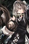  brown_hair eye_contact floating_hair green_eyes hair_over_one_eye hairband heterochromia knife kurokoeda long_hair long_sleeves looking_at_another looking_down looking_up multiple_girls open_mouth red_eyes reverse_grip rotational_symmetry rozen_maiden sad silver_hair suigintou suiseiseki upside-down very_long_hair weapon 