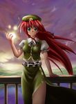  antenna_hair arm_support braid chinese_clothes collared_shirt green_eyes hat hong_meiling kannazuki_hato long_hair outdoors puffy_short_sleeves puffy_sleeves red_hair shirt short_sleeves side_slit solo sparkle star tangzhuang touhou twin_braids water 