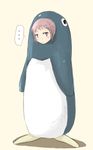  1girl animal_costume blush full_body nagato_yuki penguin_costume shiki_(no-reply) simple_background solo speech_bubble spoken_ellipsis standing suzumiya_haruhi_no_yuuutsu 