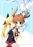  ;d arm_belt belt black_bow blonde_hair bow brown_hair buckle cowboy_shot fate_testarossa fingerless_gloves gloves hair_bow long_hair long_sleeves looking_at_another lyrical_nanoha magical_girl maho_(yakimorokoshi) mahou_shoujo_lyrical_nanoha mahou_shoujo_lyrical_nanoha_a's multiple_girls one_eye_closed open_mouth purple_eyes red_eyes rotational_symmetry short_hair sidelocks smile takamachi_nanoha twintails white_bow 