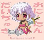  .hack//tasogare_no_udewa_densetsu 1girl armor chibi kunisaki_rena lowres osaka_yoshiya pantyhose pink_hair red_eyes short_hair solo sword weapon 