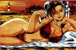  artist_request beach bikini bun_cover chun-li double_bun fingernails highres lighthouse long_fingernails nail_polish red_nails solo street_fighter swimsuit 