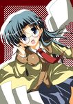  :d adjusting_eyewear artist_request blazer blue_eyes blue_hair blue_skirt blush glasses jacket long_hair long_sleeves looking_at_viewer necktie open_clothes open_jacket open_mouth read_or_die red_neckwear skirt smile solo very_long_hair yomiko_readman 