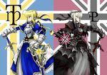  armor armored_dress artoria_pendragon_(all) avalon_(fate/stay_night) black_armor blonde_hair dark_excalibur dress dual_persona excalibur fate/stay_night fate_(series) long_sleeves multiple_girls pfalz saber saber_alter sheath shield sword weapon 