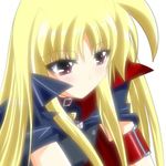  arm_belt artist_request blonde_hair cape fate_testarossa hair_down long_hair lowres lyrical_nanoha magical_girl mahou_shoujo_lyrical_nanoha popped_collar red_eyes sidelocks solo white_background 