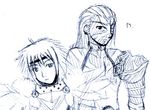  2boys armor balmung_(.hack//) expressionless greyscale headband long_hair lowres male_focus monochrome multiple_boys orca_(.hack//) upper_body yuura_shiu 