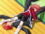  1girl aida_tetsutarou bike_shorts closed_eyes game_cg long_sleeves re-laive red_hair sakurazawa_izumi sleeping spandex 