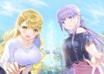  2girls :d bangs blonde_hair blue_sky blush braid breasts casual closed_mouth cloud curly_hair day eyebrows_visible_through_hair fountain ga_bunko girl_sandwich hair_ornament hairclip highres jewelry koibito_zen&#039;in_wo_shiawase_ni_suru_hanashi large_breasts leaning_forward long_hair looking_at_viewer multiple_girls necklace novel_illustration off_shoulder official_art open_mouth outdoors purple_eyes purple_hair reaching_out sandwiched shiny shiny_hair shirase_risa shirt sidelocks sky smile sparkle takarazaki_haruka tan_(tangent) textless upper_body very_long_hair yellow_eyes 