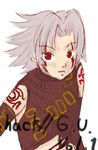  1boy arm_tattoo bangs bare_shoulders brown_gloves buckle copyright_name elbow_gloves expressionless facepaint gloves haseo_(.hack//) looking_at_viewer lowres male_focus open_mouth parted_bangs silver_hair simple_background sketch sleeveless solo tattoo upper_body white_background yuura_shiu 