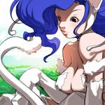  animal_ears bare_shoulders big_hair blue_hair breasts cat_ears cat_tail falcoon felicia fur large_breasts lips long_hair nose solo tail vampire_(game) 