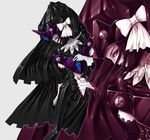  black_bodysuit black_hair bodysuit bow cape gem gloves gothic grey_background kunishige_keiichi long_hair nocturne_(kunishige_keiichi) original profile solo thigh_gap veil white_bow white_gloves zoom_layer 