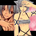  .hack//tasogare_no_udewa_densetsu 1girl animal_ears artist_request breasts earrings hoop_earrings jewelry medium_breasts ouka_(.hack//) sarashi smile solo tattoo underboob wolf_ears zoom_layer 