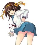  ass blue_sailor_collar blue_skirt brown_hair kita_high_school_uniform long_sleeves momose_hisashi panties pantyshot sailor_collar school_uniform serafuku short_hair skirt solo suzumiya_haruhi suzumiya_haruhi_no_yuuutsu underwear white_panties 