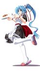  apron blue_hair coffee copyright_request highres long_hair maid slippers solo tenmaso thighhighs very_long_hair 