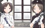  blush brown_hair copyright_request gloves hat kashmir lowres multiple_girls nurse nurse_cap syringe window 