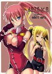 bangs blonde_hair blue_hair bodysuit breast_envy breasts cleavage cover cover_page doujin_cover duplicate fate_testarossa fingerless_gloves gloves grabbing_own_breast high_ponytail highres large_breasts lyrical_nanoha mahou_shoujo_lyrical_nanoha mahou_shoujo_lyrical_nanoha_a's multiple_girls open_clothes open_shirt pink_hair red_eyes shirt signum small_breasts soba_(saz) spandex twintails 