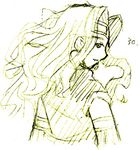  .hack//sign 1girl bt_(.hack//) headband long_hair lowres monochrome profile smile solo upper_body yellow yuura_shiu 