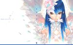  blue_hair copyright_request flower hakua_ugetsu long_hair red_eyes solo wallpaper wings 