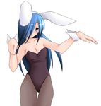  animal_ears artist_request bad_hands blue_eyes blue_hair bunny_ears bunny_girl bunnysuit hair_over_one_eye long_hair lowres pantyhose solo the_ring yamamura_sadako 