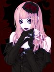  black_shirt flower gothic gothic_lolita hair_flower hair_ornament kunishige_keiichi lipstick lolita_fashion long_hair looking_at_viewer makeup nocturne_(kunishige_keiichi) original pink_eyes pink_hair red_flower red_rose rose shirt solo upper_body 