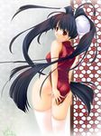  2005 artist_request ass black_hair china_dress chinese_clothes copyright_request covering covering_ass dress long_hair panties red_eyes signature solo thighhighs twintails underwear very_long_hair white_panties 