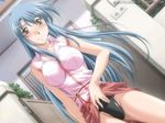  blue_hair blush duplicate dutch_angle game_cg long_hair pussy_juice sagara-san'chi_no_etsuraku_life sagara_arisa skirt skirt_lift smile solo yamane_masahiro yellow_eyes 