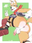  anthro anus backsack balls butt canid canine fox fox_mccloud green_eyes inkgoat looking_back male mammal nintendo nude open_mouth penis presenting presenting_anus rear_view simple_background smile solo star_fox tongue video_games 