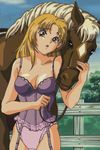  artist_request blonde_hair brown_eyes copyright_request horse lingerie long_hair lowres reins solo underwear 