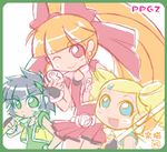  ;) akazutsumi_momoko artist_request belt black_hair blonde_hair blue_eyes border bow drill_hair goutokuji_miyako green_eyes hair_bow hyper_blossom looking_at_viewer lowres matsubara_kaoru multiple_girls one_eye_closed orange_hair pleated_skirt ponytail powered_buttercup powerpuff_girls_z red_bow red_eyes red_skirt rolling_bubbles skirt smile spiked_hair twin_drills twintails vest 