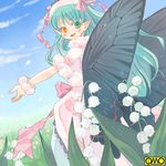  aqua_hair asura_fantasy_online butterfly_wings cloud day fairy flower green_eyes hairband heterochromia kuga_tsukasa lily_of_the_valley lowres omc orange_eyes pointy_ears sky solo wings 