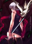  artist_request bird blood blue_eyes copyright_request katana no_panties owl scarf solo sword tattoo thighhighs weapon 