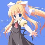  air black_dress blonde_hair blue_background blue_eyes bow copyright_name cowboy_shot dress hair_bow kagura_yuuki kamio_misuzu long_hair looking_at_viewer necktie outstretched_arms ponytail puffy_sleeves red_neckwear school_uniform sidelocks smile solo spread_arms very_long_hair white_bow 