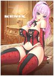  breasts copyright_request corset curvy huge_breasts kenix lingerie nipples pink_hair plump ponytail purple_eyes solo thighhighs thighs underwear wide_hips 