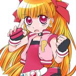  akazutsumi_momoko artist_request belt black_gloves bow clenched_hand cowboy_shot fingerless_gloves gloves hair_bow hyper_blossom jacket long_hair looking_at_viewer lowres orange_hair pink_eyes ponytail powerpuff_girls_z red_bow red_shirt red_skirt shirt skirt solo white_background yo-yo 