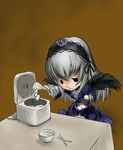  artist_request bowl chopsticks fine_art_parody food frown i_asked_for_scrambled long_sleeves lowres no_midriff parody rice rice_bowl rice_cooker rozen_maiden solo suigintou 