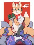  2019 anthro balls balls_touching bdsm body_hair bondage bound canid canine claws clothed clothing duo erection fox fox_mccloud gloves green_eyes handcuffs imminent_sex inkgoat jacket male male/male mammal nintendo open_mouth partially_clothed penis precum pubes shackles simple_background star_fox tongue vein veiny_penis video_games wolf_o&#039;donnell 